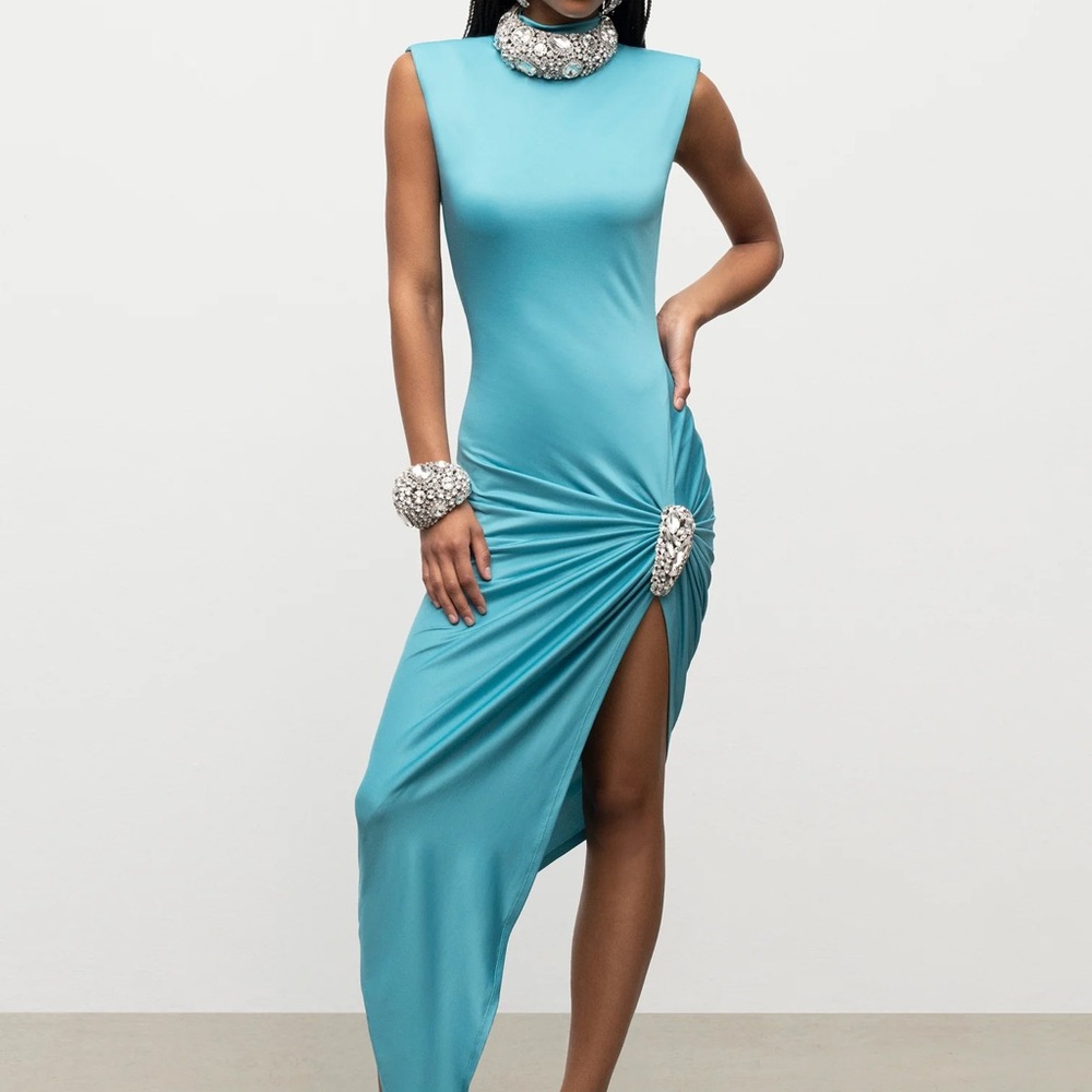 AREA Asymmetrical teal Dress with Crystal Accents plus choker and bracelet